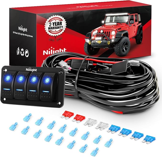 Nilight 16AWG 14AWG 12AWG LED Light Bar Wiring Harness Kit 12V On/Off 4 Gang Rocker Switch Panel Power Relay Blade Fuse 5Pin Toggle Switches for Cars Boat ATV Trucks-8 Leads