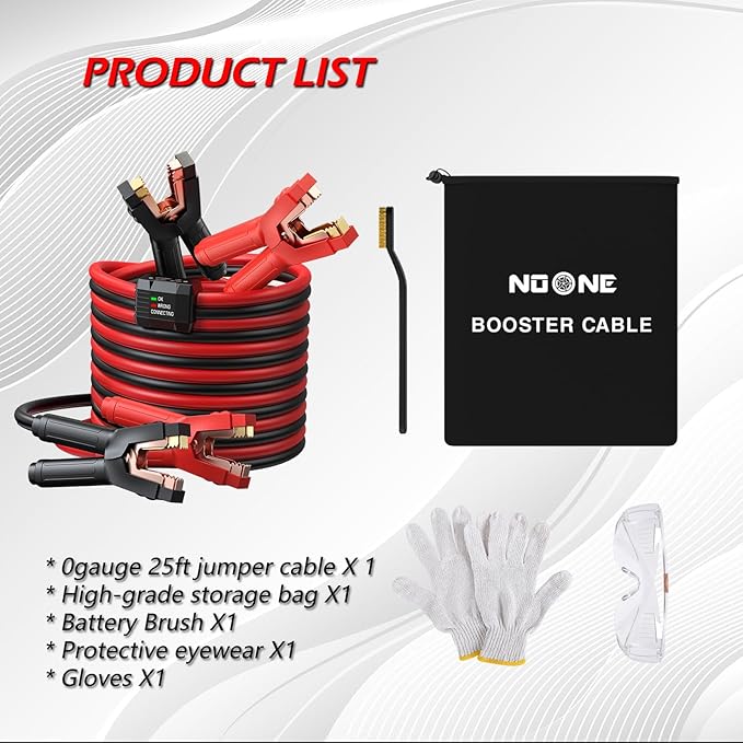 NOONE 0 Gauge 25FT Heavy Duty Jumper Cables for Car Battery, 1000A Automotive Booster Cables with Reverse Polarity Protection for SUVs & Trucks, Includes Bag, Gloves, Brush & Goggles