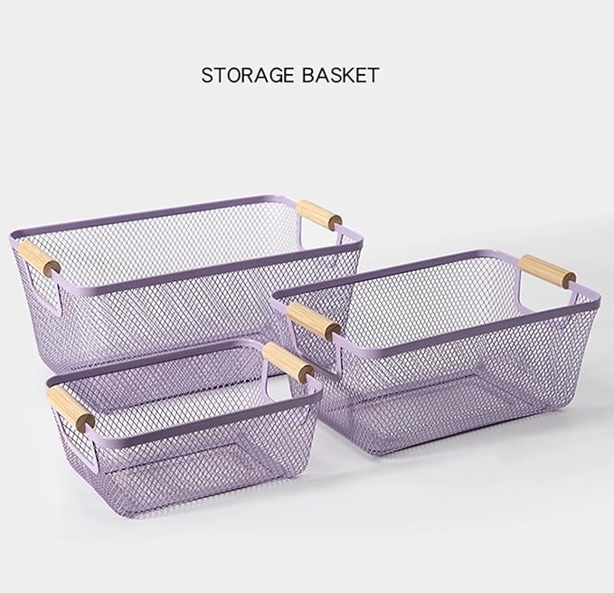 AJIODA Metal Mesh Steel Basket, Medium Wire Storage Organizer Basket Multi-function Hanging Kitchen Basket with Wood Handle f
