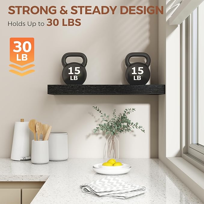 Dreamland Black Floating Shelves for Wall,8 Inch Deep Floating Shelves,24" W x 8" D Wall Shelves for Bedroom,Living Room, Kit
