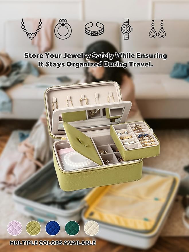 Velvet Travel Jewelry Box with Large Mirror, Double-Layer Jewelry Organizer Case for Women and Girls, Portable Storage Case w