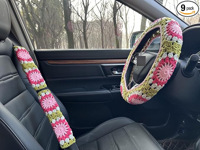 Crochet Sunflower Car Steering Wheel Covers Universal 14-15 inch for Women/Men (A:Wheel Cover+2 Belt Cover)