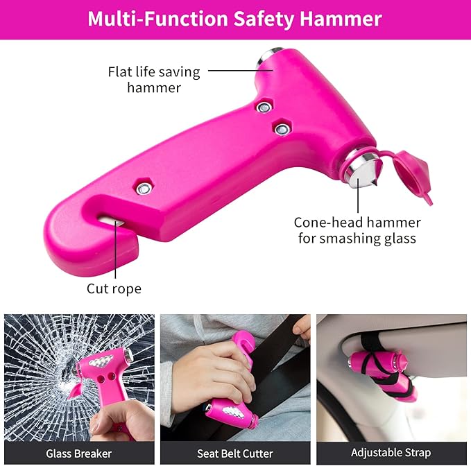 Roadside Emergency Car Kit for Vehicles, Car Safety Kit with Jumper Cables, Safety Hammer, Pink Car Accessories Road Trip Ess