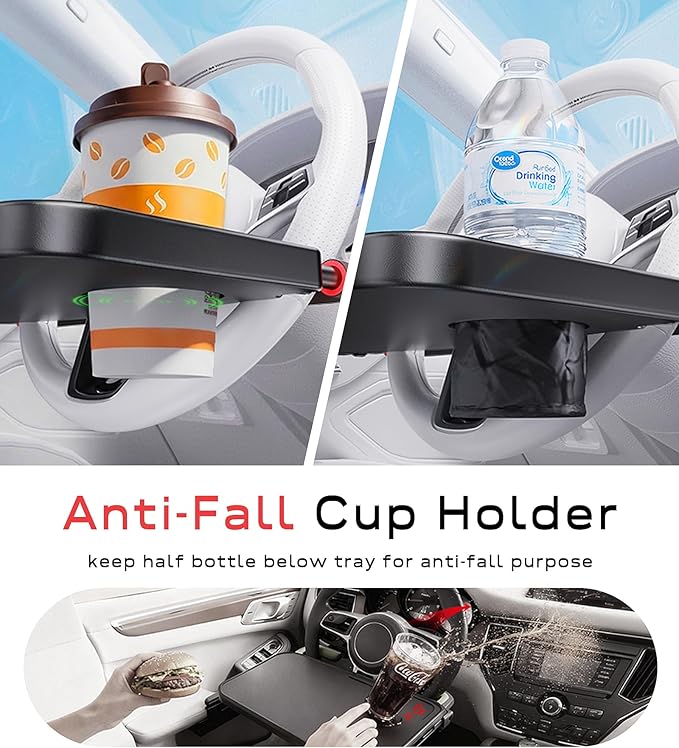 Car Steering Wheel Tray for Drivers Steering Wheel Tray for Dining, Mobile Office & Travel Food with Cup Holder, Scratch-Free EVA Hook Covers, 2-in-1 Desk Table for Car - Black