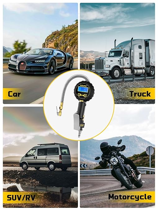 AZUNO Digital Tire Inflator with Pressure Gauge, 200 PSI (0.1 Res) w/LED Flashlight, Heavy Duty Air Compressor Accessories 7pcs Set, w/Lock on Air Dual Head Chuck and 90° Tire Valve