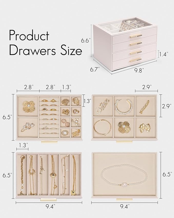 Vlando 4 Layer Jewelry Box for Women, Glass Lid Jewelry Organizer with 4 Drawers for Necklaces Rings Earrings Bracelets - Lig