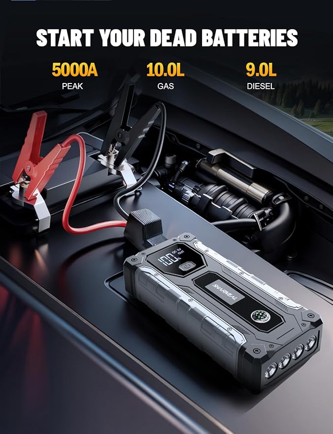 Sharmeal Car Jump Starter 5000A, Jump Starter Battery Pack for 10.0L Gas and 9.0L Diesel, 12V Portable Jump Box with LED