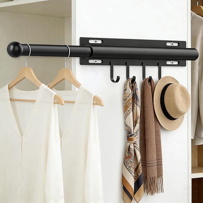 Valet Rod for Closet Retractable with 4 Hooks, 13.4"-23.2" Pull Out Clothes Hanger Rail, Heavy Duty Alloy Steel Side Mount Wa
