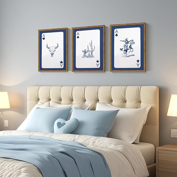 Western Wall Art Set of 3, Blue Cowboy Wall Decor Trendy Southwestern Playing Card Longhorn Bull Skull Poster Canvas Aestheti