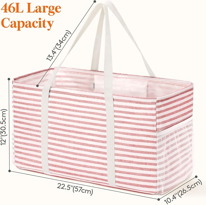 Lifewit Extra Large Tote Bag, Reusable Grocery Bags with Metal Wire Frame and Handles, Standing Utility Foldable Shopping Bags for Storage, Picnics, Beach, Laundry, Car, 46L, 2 Pack, Gray and Pink