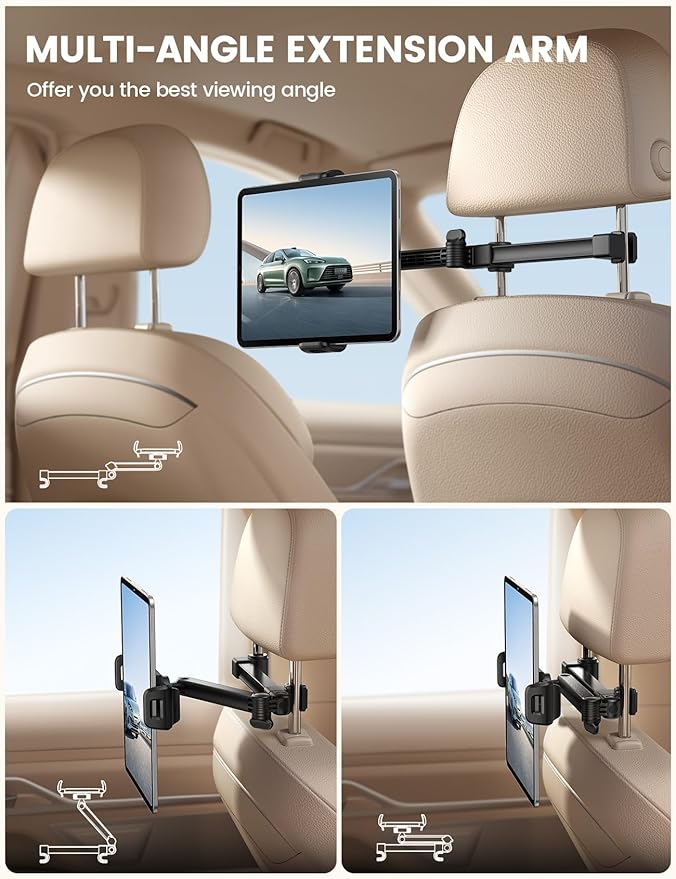 Lamicall Car Headrest Tablet Holder - [Foldable Clip] [Lockable] Tablet Mount for Car Backseat, Car Accessories for Kids, for iPad Pro, Air, Mini, Galaxy Tab, Fire HD, 5.4-13" Tablets and Phones