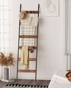 Blanket Ladder, 6-Tier Towel Holder with 4 Removable Hooks, Farmhouse Wall Leaning Decorative Rack Shelf, Wooden Towel Displa