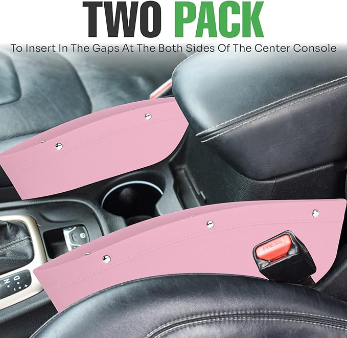 lebogner Between Car Seat Gap Filler Organizer, 2 Pack PU Leather Side of Center Console Car Pocket for Phone, Coins and Keys, Multifunction Crevice Caddy Catcher, Vehicle Interior Accessories, Pink