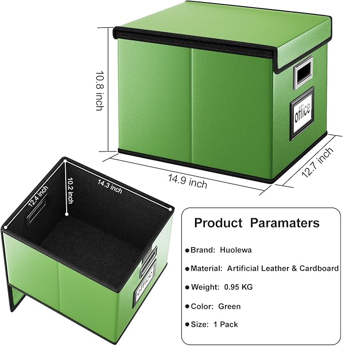 Huolewa Portable Leather File Organizer Storage Boxes, Collapsible File Folder Organizer Boxes with Lids, Document Organizer,
