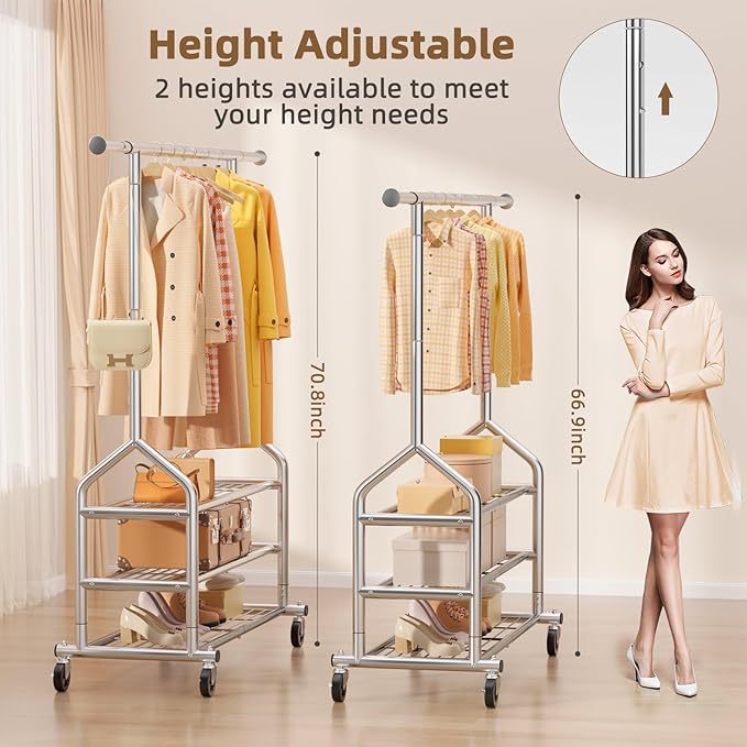 EAGMAK Heavy Duty Clothes Rack Load 688 LBS, Rolling Clothing Rack With 3 Shelves, Adjustable Metal Clothes Hanger with Wheel