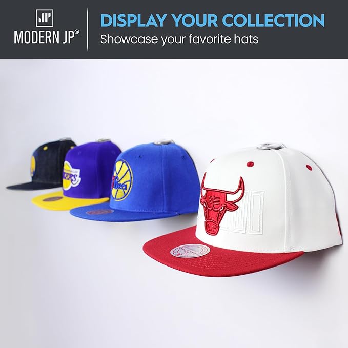 Modern JP Adhesive Hat Hooks for Wall (32-Pack) - Hat Rack for Baseball Caps, Minimalist Hat Display, Strong Hold Hat Hangers