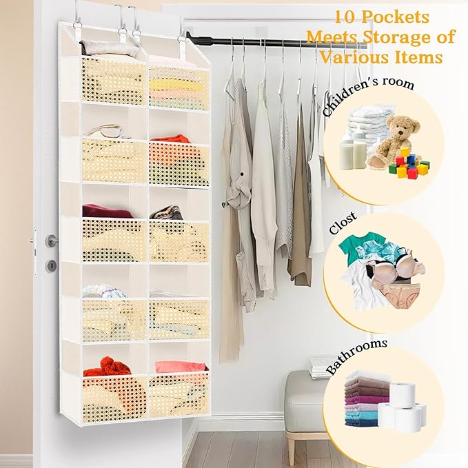 Over The Door Organizer 5 Tiers, Extra Large Behind Door Storage of 10 Compartments, 80 lbs Weight Capacity Hanging Storage O