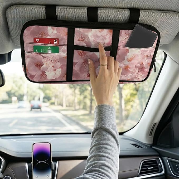 Car Sun Visor Storage Bag,Cherry Blossom Scratch-Resistant Car Essentials Tool Pack Car Visor Organizer with Zipper Fits Most Vehicles, SUVs, Trucks
