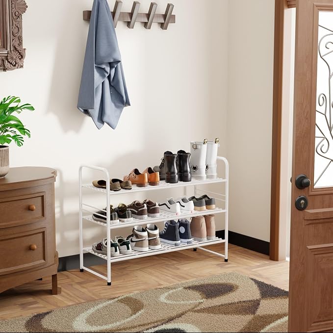 SUFAUY 3 Tier 33" Wide White Metal Shoe Rack for Closet, Stackable