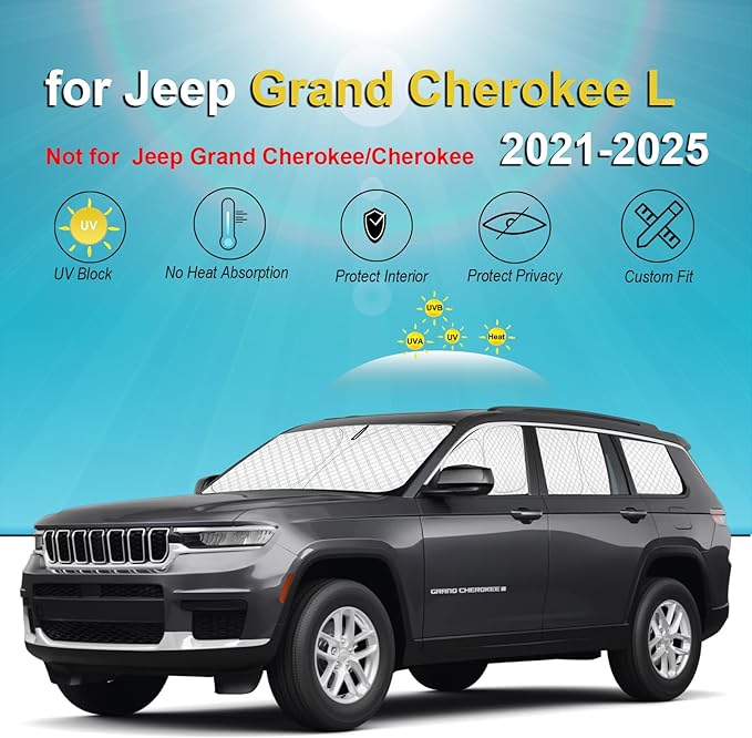 KMF 8pcs Thicken Sun Shades for Jeep Grand Cherokee L(Three-Row) 2021-2025 Accessories (NOT for Grand Cherokee&Cherokee),Full Car Window Covers for Windshield Side Rear, UV Block and Blackout Camping