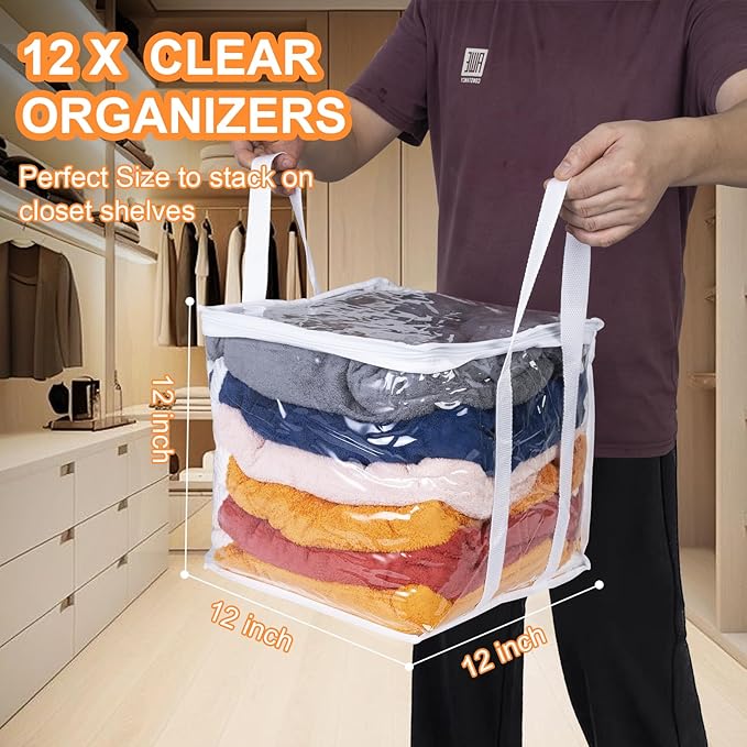 3 PCS Clear Zippered Organizers 12''x12''x12'' Bags with Handles Storage Cube Tote Storage Blanket Bags Bins for Clothes Movi