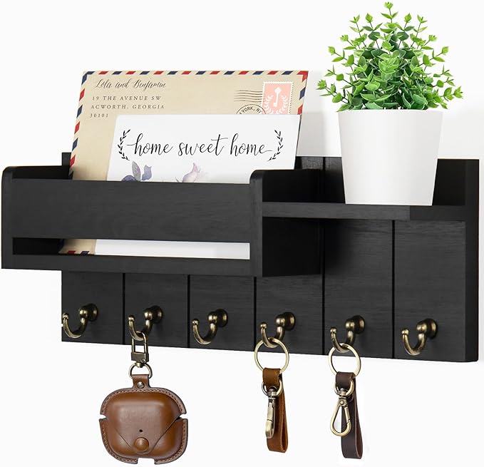 RelaxScene Key Holder Wall Mount - Decorative Key Rack and Mail Organizer with 6 Key Hooks - Wooden Key Hanger with Shelf for