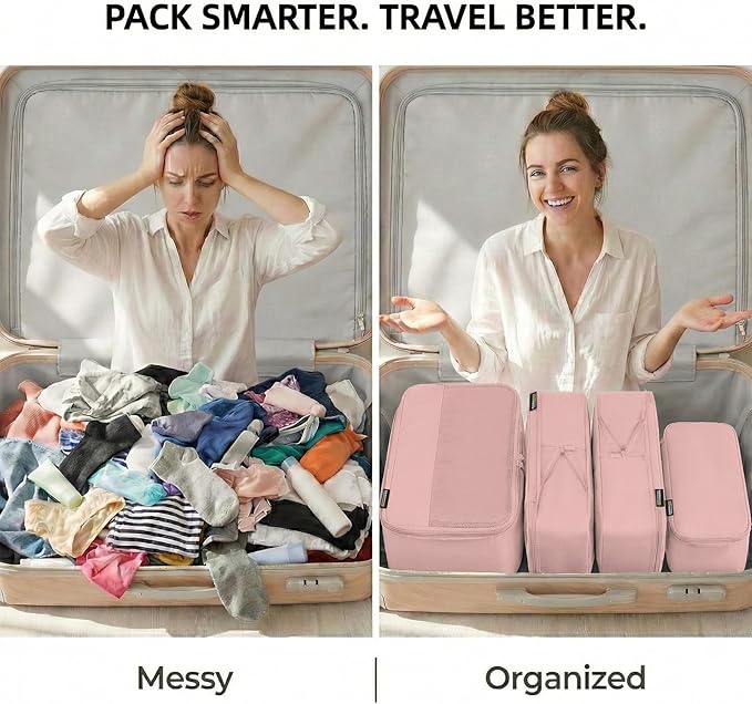 4 Piece Compression Packing Cubes for 3–7 Day Travel, Lightweight Travel Organizers with Breathable Mesh, Double-Zipper Packi