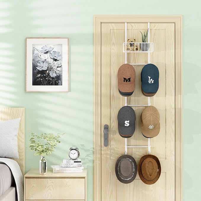 HapiRm Over Door Hat Rack - Wall Mounted Hat Holder with 6 Hooks and Metal Basket Design, Baseball Cap Organizer Storage Up t