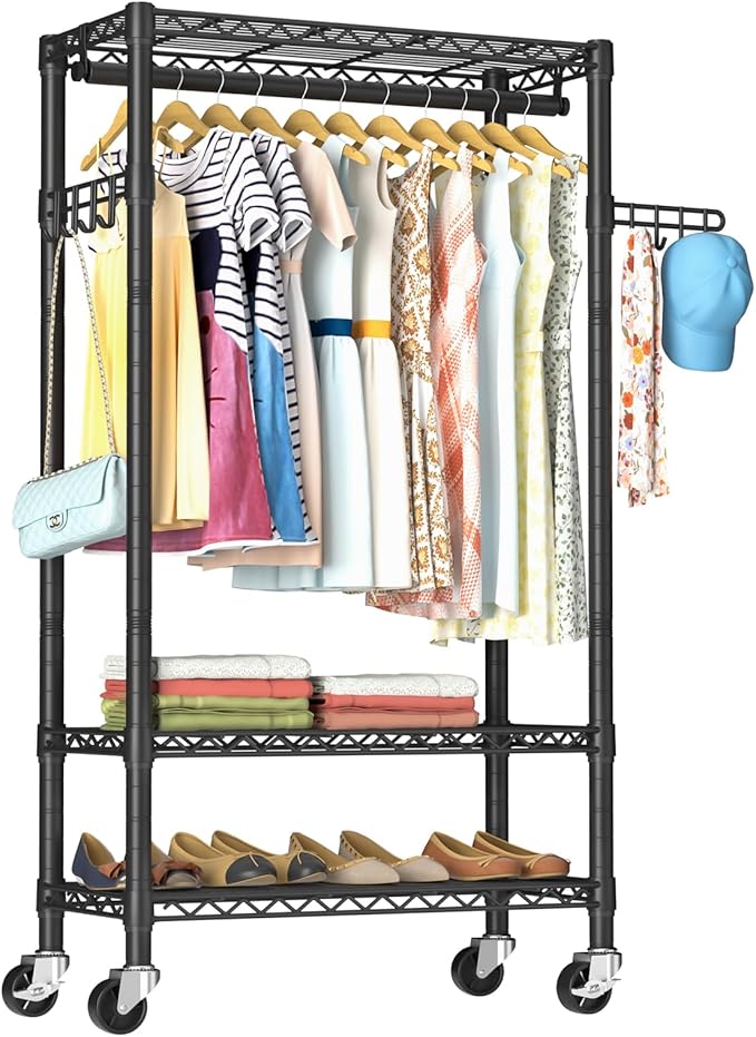 Heavy Duty Clothes Rack Rolling Garment Rack,3 Tier Adjustable Wire Shelving Clothing Racks for Hanging Clothes with Hanger R