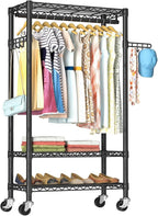 Heavy Duty Clothes Rack Rolling Garment Rack,3 Tier Adjustable Wire Shelving Clothing Racks for Hanging Clothes with Hanger R