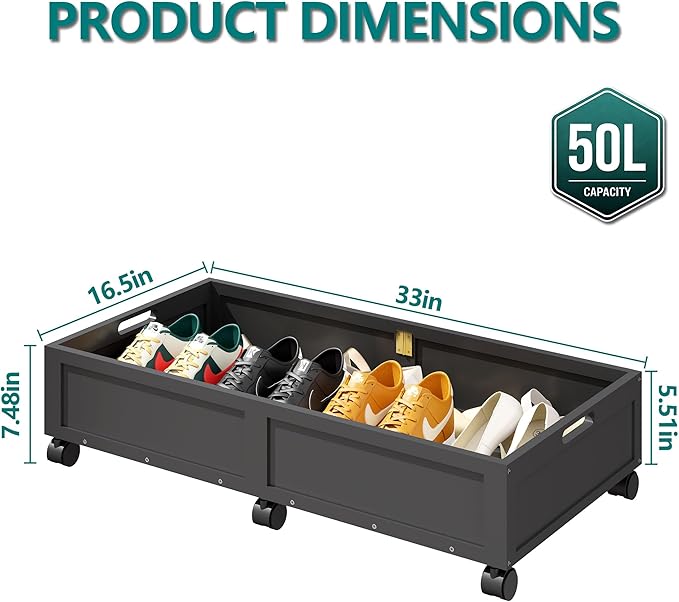 Wood Under Bed Storage Containers Underbed Organizer with Wheels Sturdy Wood Rolling Under Bed Shoe Storage Organizer 2 Packs