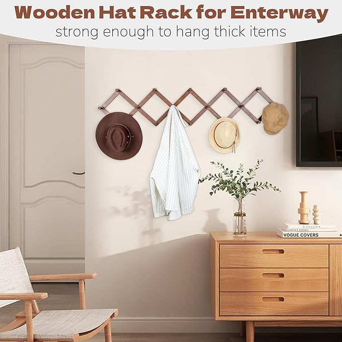 Cozcty Accordion Wall Hanger, Wooden Hat Rack for Wall with 16 Hooks, Expandable Peg Hat Hanger Organizer, Decorative Coat Ra