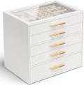 Vlando 5 Layer Jewelry Box for Women, Glass Lid Jewelry Organizer with 5 Drawers for Necklaces Rings Earrings Bracelets - Whi