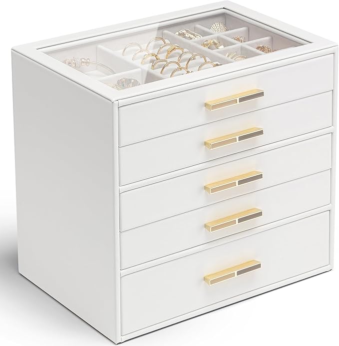 Vlando 5 Layer Jewelry Box for Women, Glass Lid Jewelry Organizer with 5 Drawers for Necklaces Rings Earrings Bracelets - Whi