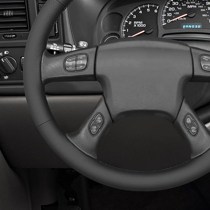 MEWANT Hand Stitch Steering Wheel Cover for Chevy Silverado 1500 2003-2006 Trailblazer Black Real Leather Steering Wrap