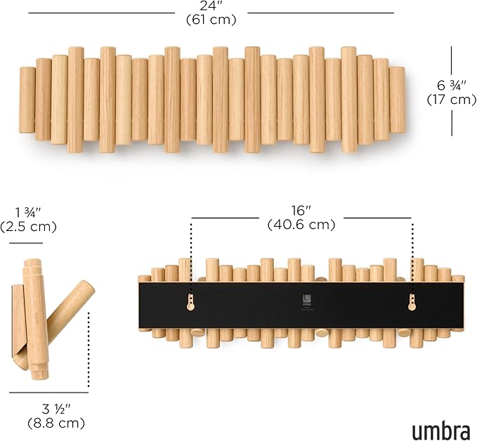 Umbra Picket Coat Rack with 8 Hooks – Natural Wall-Mounted Coat Rack with Flip-Down Wooden Hooks, Real Pine Wood Decorative W