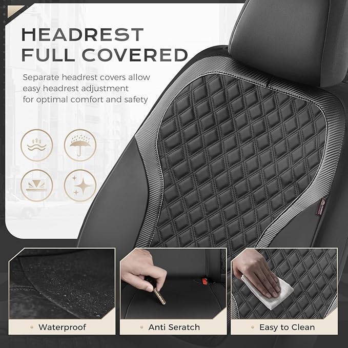 Coverado Seat Covers Full Set, Luxury Leather Car Seat Cover with Carbon Fiber Accents Design, Spill-Proof Durable Black Auto