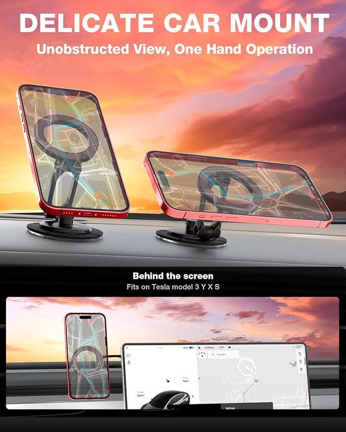 Smolink Tesla Phone Mount, All Metal Strong Magnet Magnetic Phone Holder for Car Dashborad and Tesla Model 3/Y/S/X, Foldable Hidden for MagSafe Car Mount Fit for iPhone All Phones, Red
