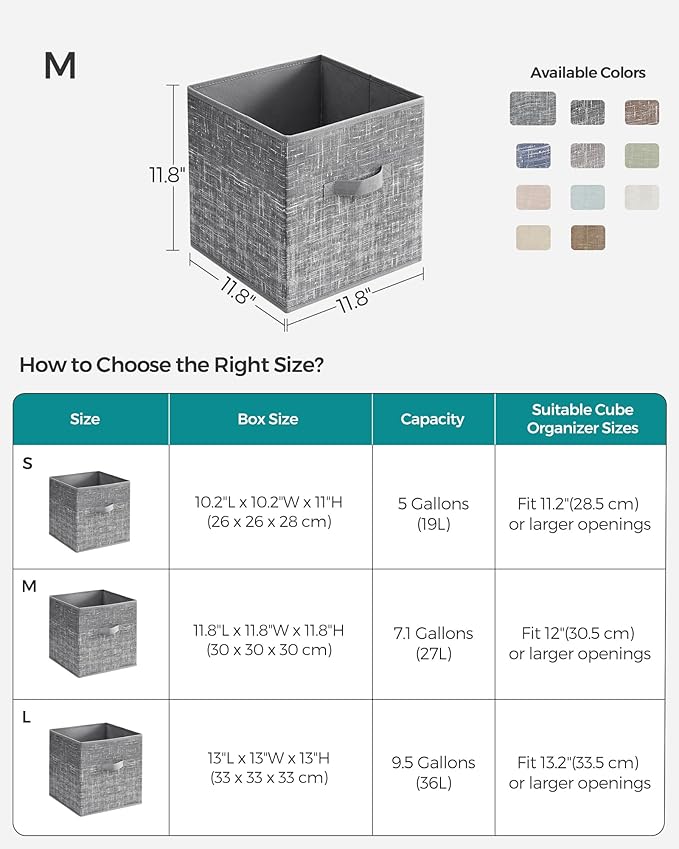 SONGMICS Storage Cubes, 11.8-Inch Non-Woven Fabric Bins with Double Handles, Set of 6, Closet Organizers for Shelves, Foldabl
