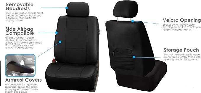 FH Group Car Seat Cover Black Full Set Deluxe Leatherette Protector Interior Accessories Universal Fit Full Set - Airbag Comp