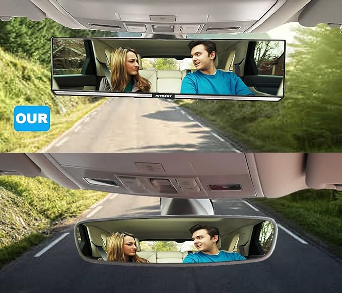 Kitbest Rear View Mirror, Interior Clip On Panoramic Rearview Mirror to Reduce Blind Spot Effectively – Universal Wide Angle Car Mirror – Flat – For Cars, SUV, Trucks (Bonus 2 PCS Blind Spot Mirrors)