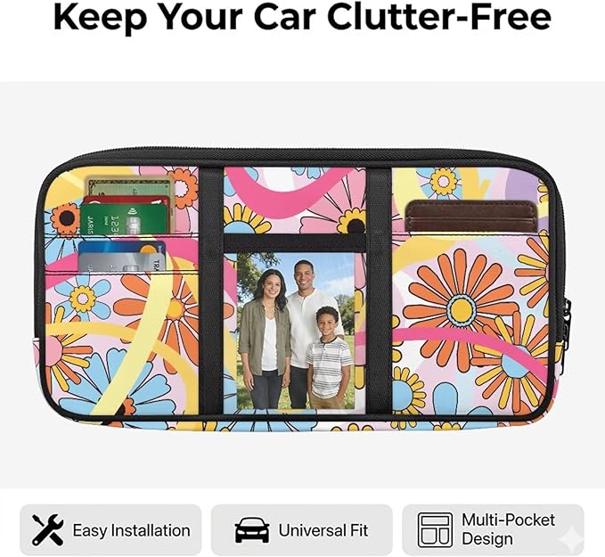 Tactical Sun Visor Organizer,Hippie Flower Style Scratch-Resistant Auto Interior Accessories Car Essentials Tool Pack Multi-Pocket for Universal Most Vehicles