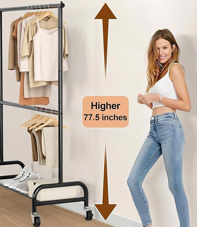 MISSLO Heavy Duty Clothing Racks for Hanging Clothes Rack Double Rod Garment Rack Rolling Closet Wardrobe Rack on Wheels, Met