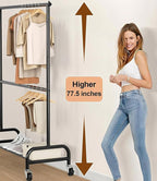 MISSLO Heavy Duty Clothing Racks for Hanging Clothes Rack Double Rod Garment Rack Rolling Closet Wardrobe Rack on Wheels, Met