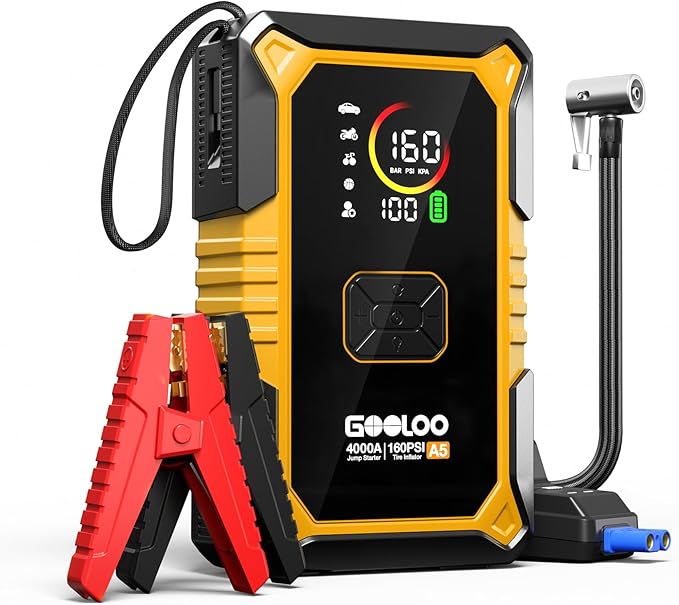 GOOLOO A5 Car Jump Starter with Air Compressor, 4000A Portable Car Jump Starter (All Gas/10.0L Diesel) with 160PSI Auto-Off