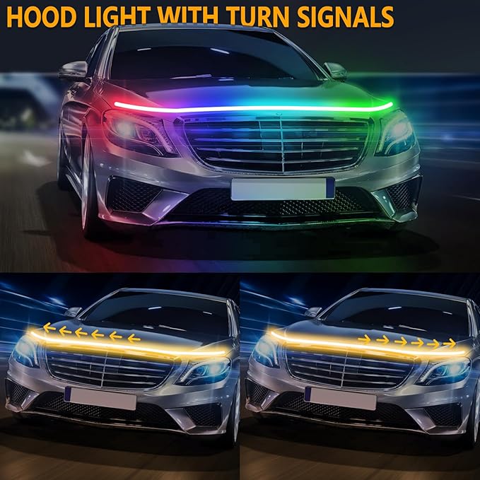RGB Car Hood Light Strip, 79 Inches Dynamic LED Daytime Running Lights, Multicolor Dynamic Scan Start Up Sequential Turn Signal Lights for Car, Truck, SUV, App Control and Waterproof