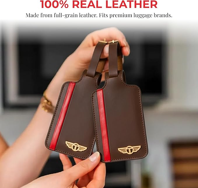 Genuine Leather Luggage Tag with Privacy Flap Set for Men Women Travel Easy with Suitcase Tags Identifiers (Brown, 2 Pack)