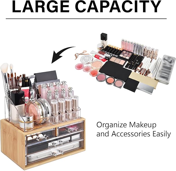 Ikee Design Bamboo Acrylic Makeup Organizer with 4 Drawers and Removable Top Lipstick Holders, Ideal for Make-up or Accessori