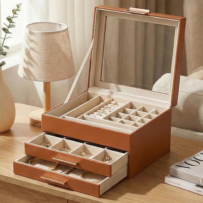 Jewelry Box Organizer with Glass Lid, 3-Layer with Double Drawers, Luxury Velvet Lined Desktop Display Case for Earrings Ring