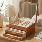Jewelry Box Organizer with Glass Lid, 3-Layer with Double Drawers, Luxury Velvet Lined Desktop Display Case for Earrings Ring